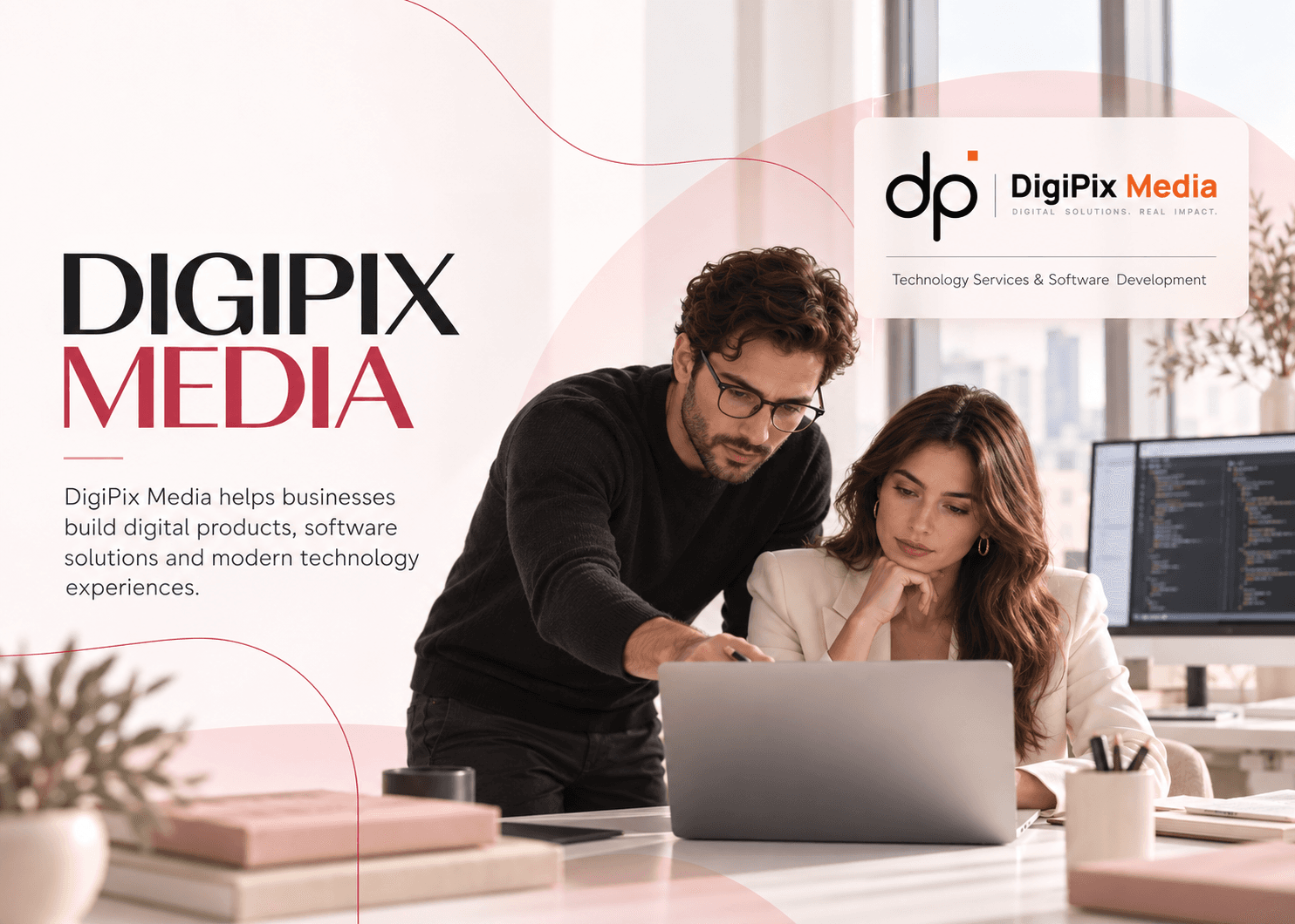 DigiPix Media brand visual: the DigiPix Media logo beside two colleagues working together at a laptop